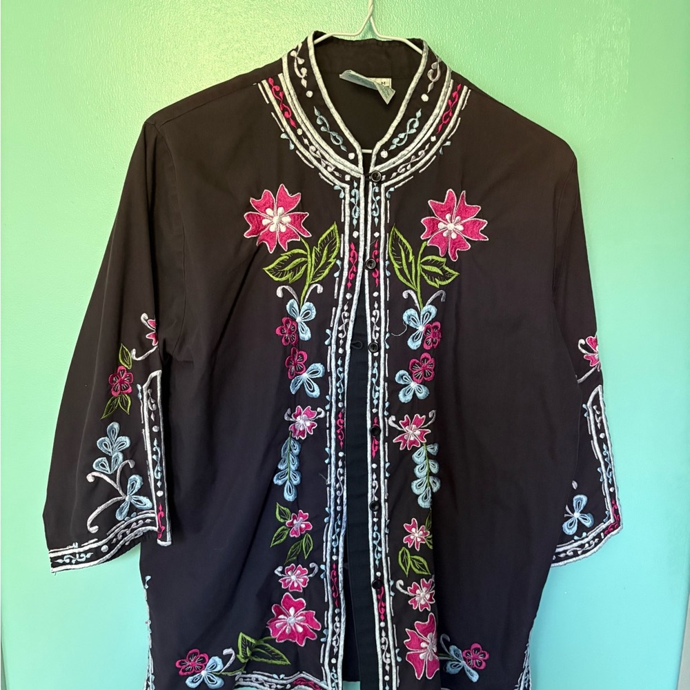 Floral Embroidered Black Blouse